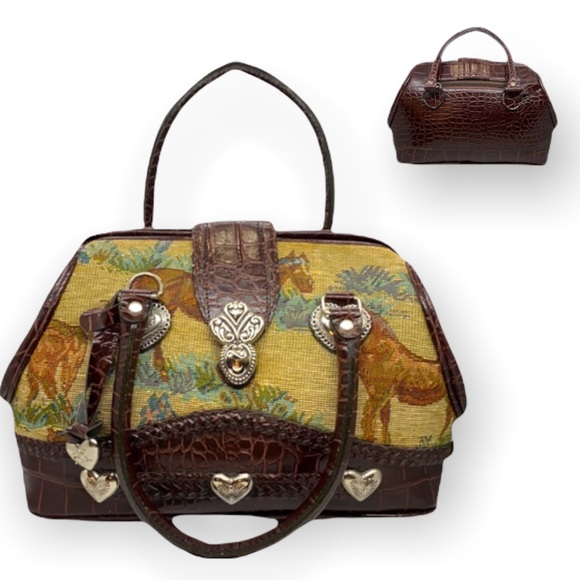 Vintage grained Leather bag with tapestry embroidered front - Picture 1 of 13